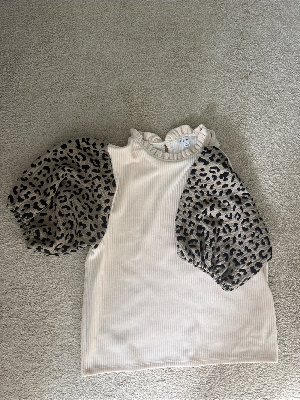 THML Cream Top with Leopard Puff Sleeves